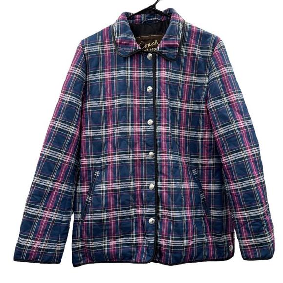 Coach Quilted Navy Blue‎ & Purple Plaid Print Long Sleeve Snap Front Jacket Sz M - Picture 1 of 10
